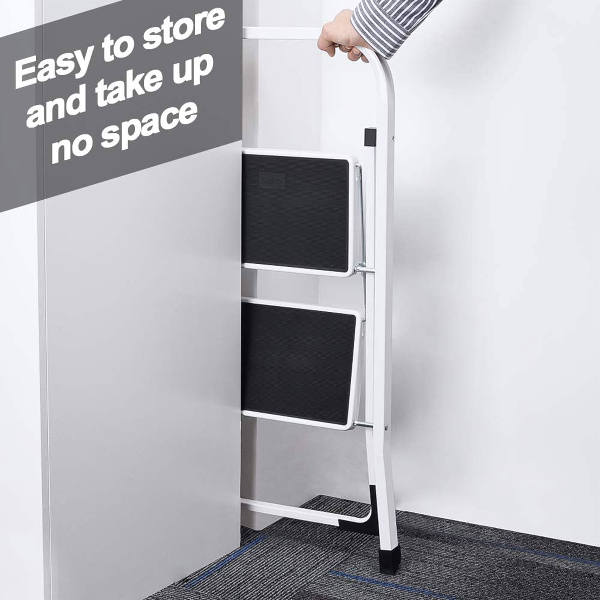 Delxo Non-Slip 2 Step Stool Folding Steel Wide Step Ladder with Hand Grip, White - VMInnovations