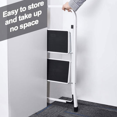 Delxo Non-Slip 2 Step Stool Folding Steel Wide Step Ladder with Hand Grip, White - VMInnovations