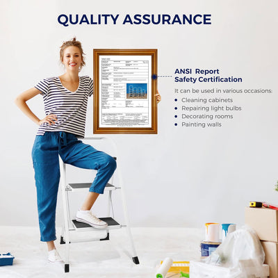 Delxo Non-Slip 2 Step Stool Folding Steel Wide Step Ladder with Hand Grip, White - VMInnovations