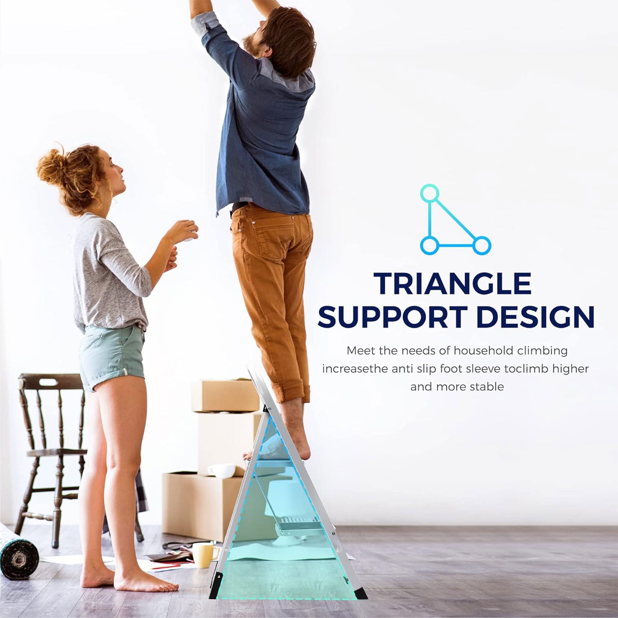 Delxo Non-Slip 2 Step Stool Folding Steel Wide Step Ladder with Hand Grip, White - VMInnovations