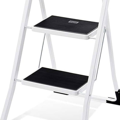 Delxo Non-Slip 2 Step Stool Folding Steel Wide Step Ladder with Hand Grip, White - VMInnovations