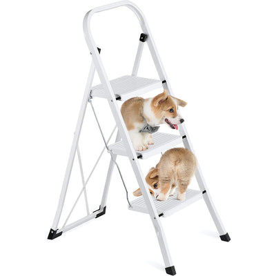 Delxo Folding Steel Non Slip 3 Step Stool Stepladder w/Hand Grip,White(Open Box) - VMInnovations