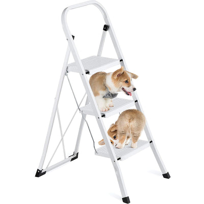 Delxo Folding Steel Non Slip 3 Step Stool Stepladder w/Hand Grip,White(Open Box)