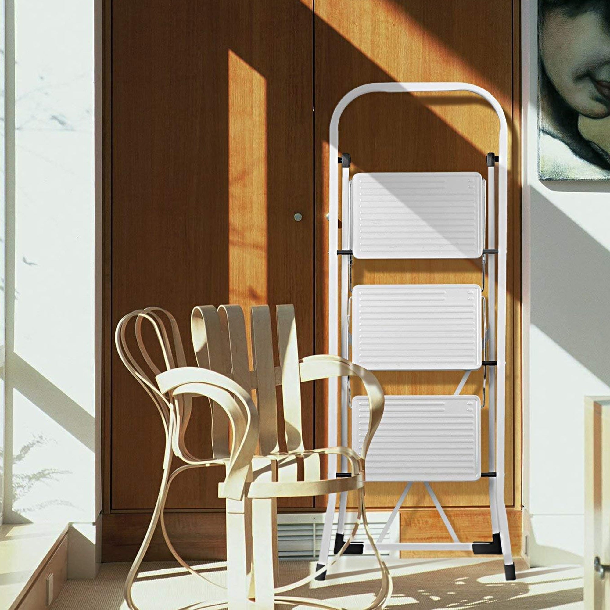 Delxo Folding Steel Non Slip 3 Step Stool Stepladder w/Hand Grip, White (Used) - VMInnovations