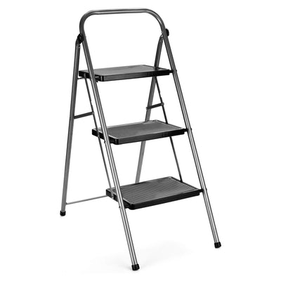 Delxo Folding Portable Steel Non Slip 3 Step Stool w/ Hand Grip, Gray (Open Box)