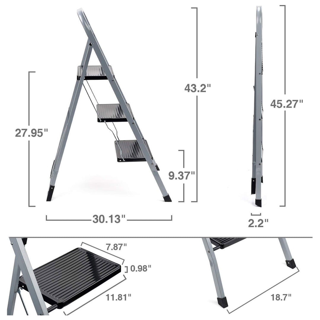 Delxo Non-Slip 3 Step Folding Steel Wide Step Ladder w/Hand Grip,Gray(Open Box)