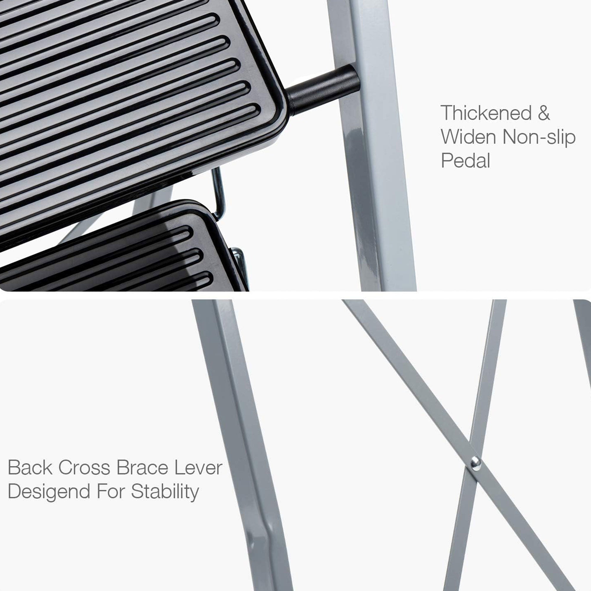 Delxo Non-Slip 3 Step Stool Folding Steel Wide Step Ladder with Hand Grip, Gray - VMInnovations