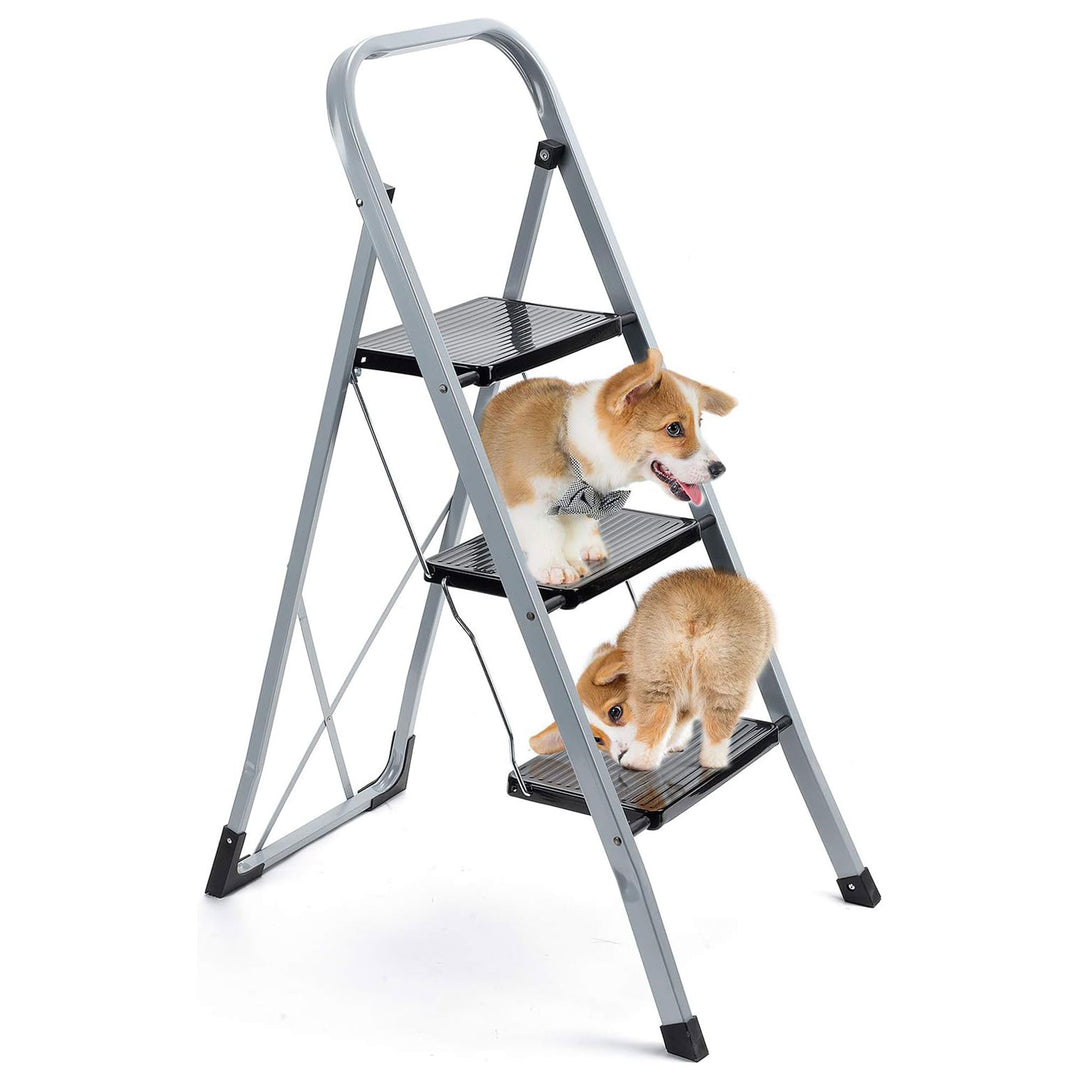 Delxo Non-Slip 3 Step Folding Steel Wide Step Ladder w/Hand Grip,Gray(Open Box)