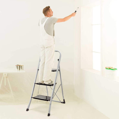 Delxo Non-Slip 3 Step Folding Steel Wide Step Ladder w/Hand Grip,Gray(Open Box)