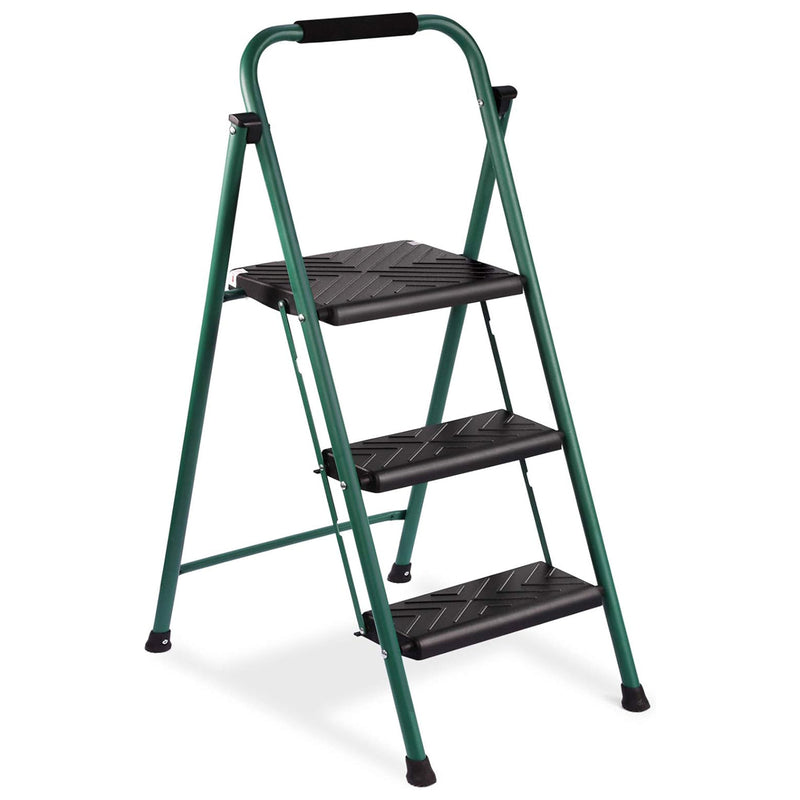 Delxo Non-Slip 3 Step Folding Steel Wide Ladder with Hand Grip, Green (Open Box)