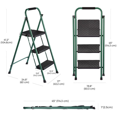 Delxo Non-Slip 3 Step Folding Steel Wide Ladder with Hand Grip, Green (Open Box)