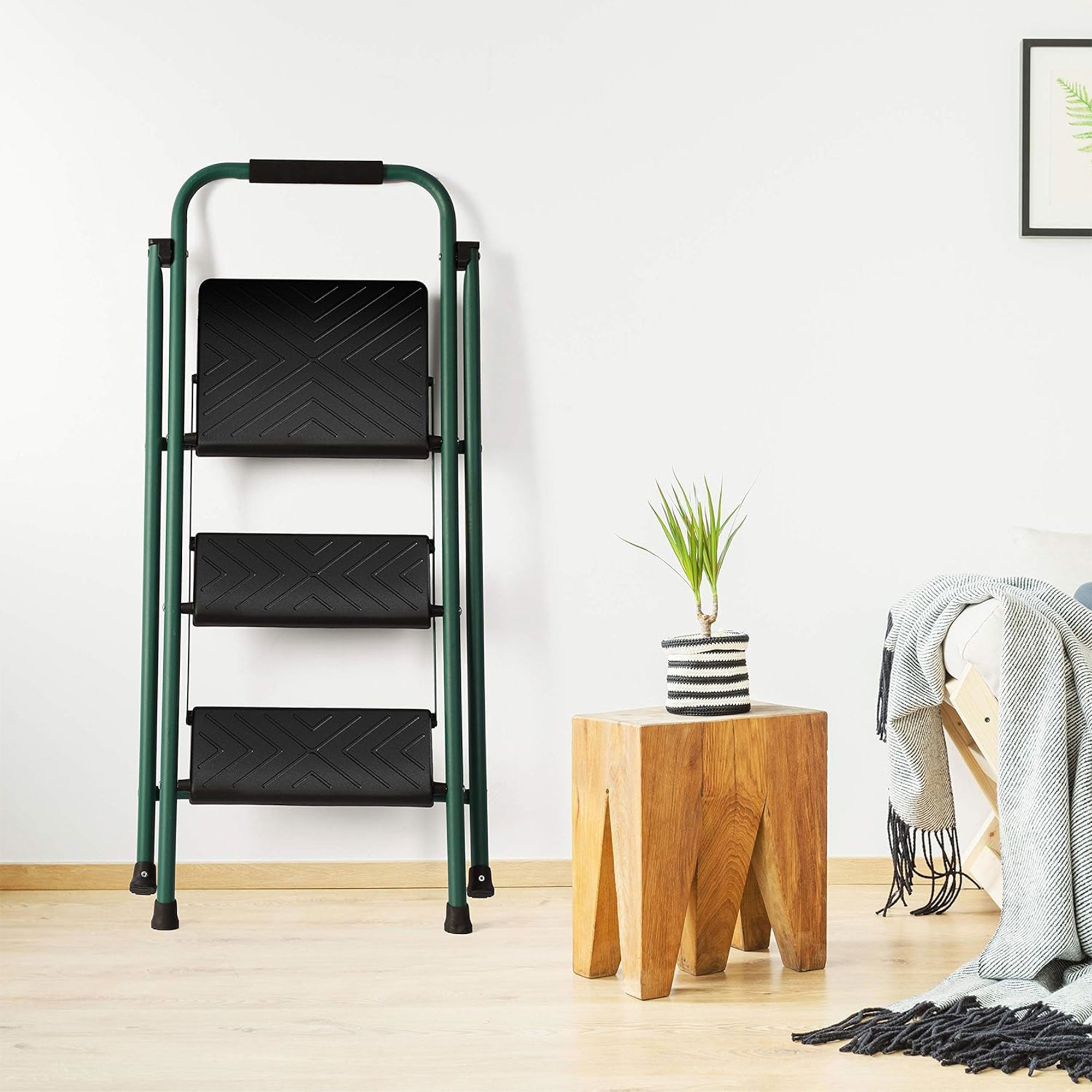 Delxo Non-Slip 3 Step Stool Folding Steel Wide Step Ladder with Hand Grip, Green - VMInnovations