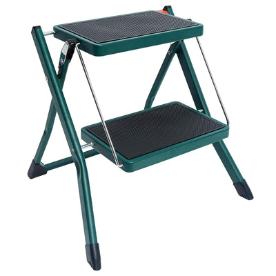 Delxo Foldable Steel 2 Step Stool Ladder w/ Non Slip Wide Pedal, Green(Open Box) - VMInnovations
