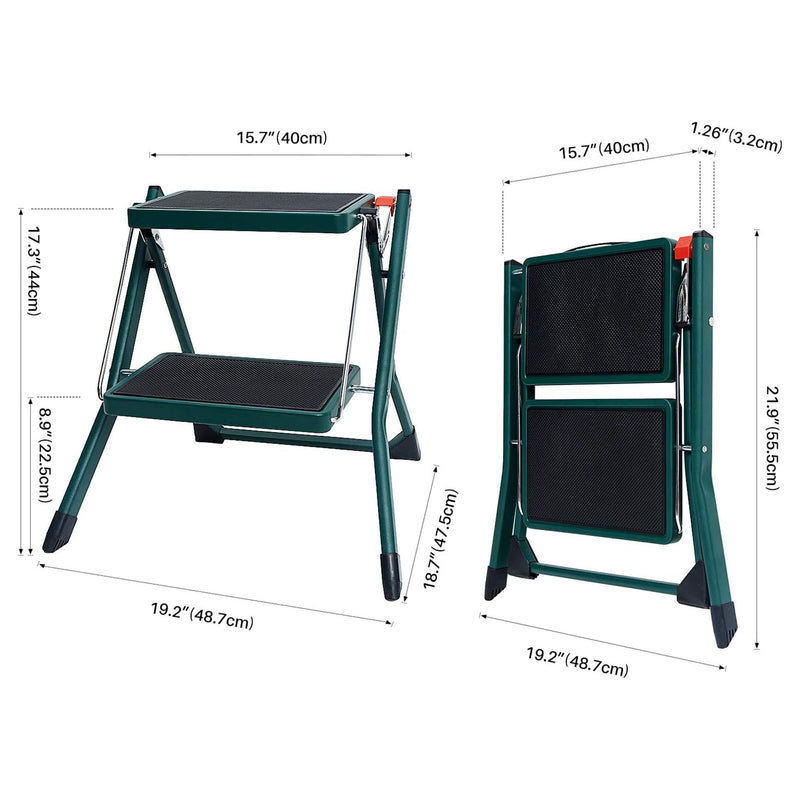 Delxo Foldable Steel 2 Step Stool Ladder w/ Non Slip Wide Pedal, Green(Open Box)