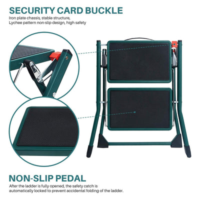 Delxo Foldable Steel 2 Step Stool Ladder w/ Non Slip Wide Pedal, Green(Open Box)