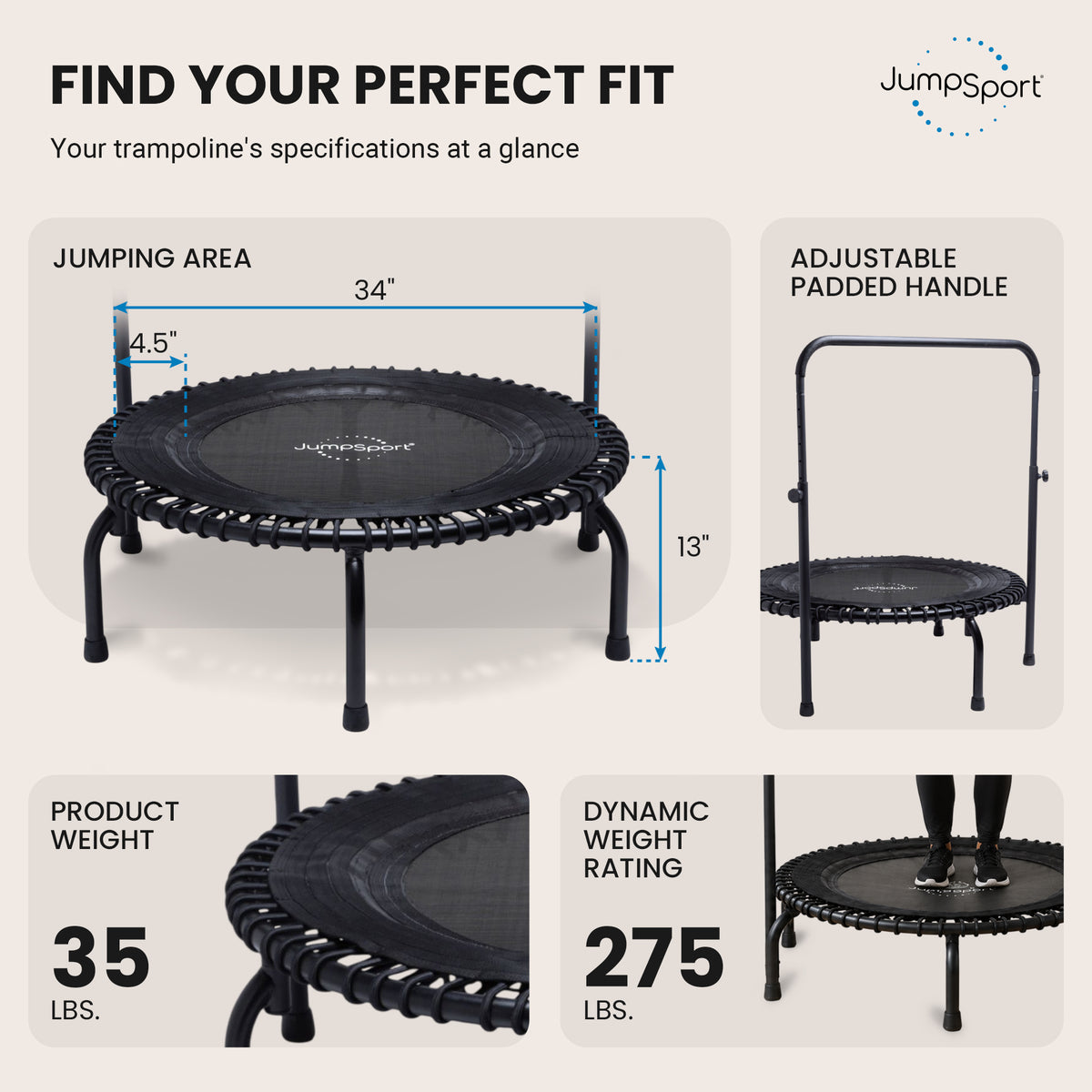 JumpSport 350i 39" Fitness Trampoline and Handle Bar with 30 Adjustable Bungees