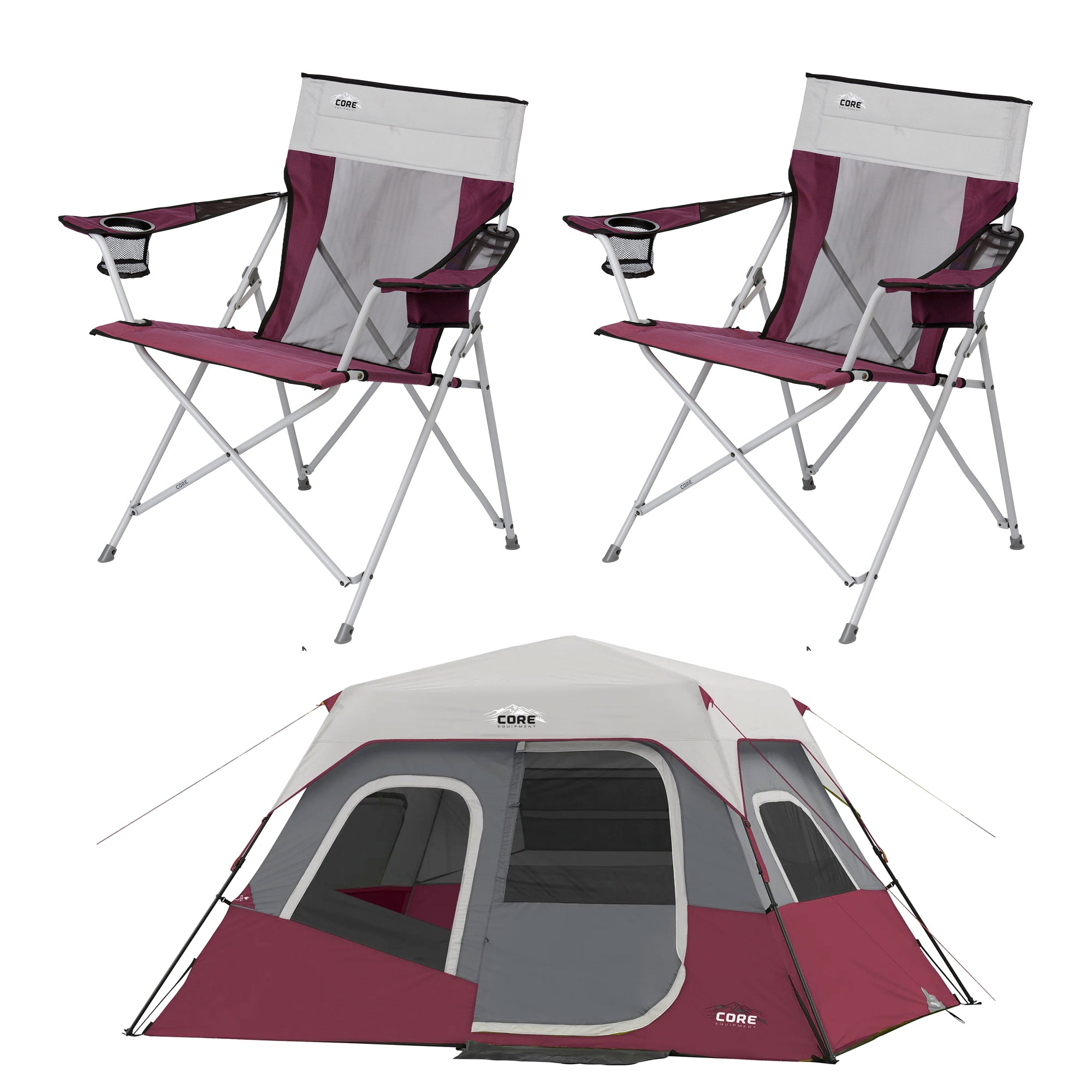 CORE Set of 2 Portable Camping Chair with 11 x 9 Foot 6 Person Cabin Tent, Wine - VMInnovations
