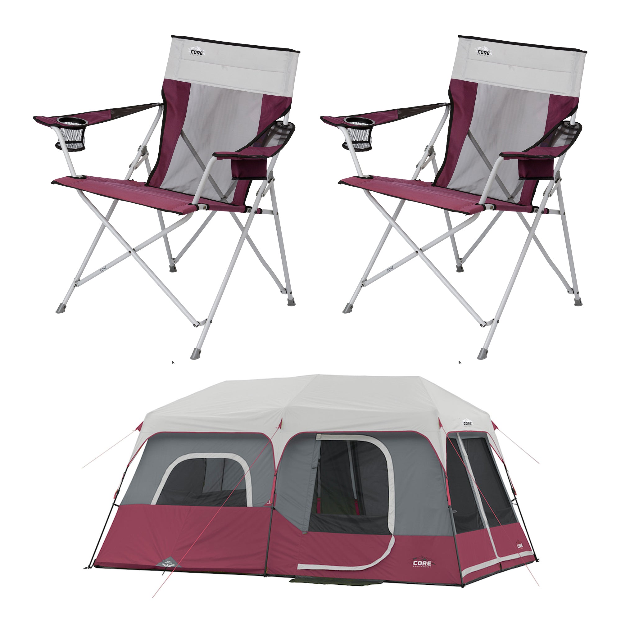 CORE Set of 2 300lb Capacity Camping Chair & 14x9' 9 Person Instant Cabin Tent