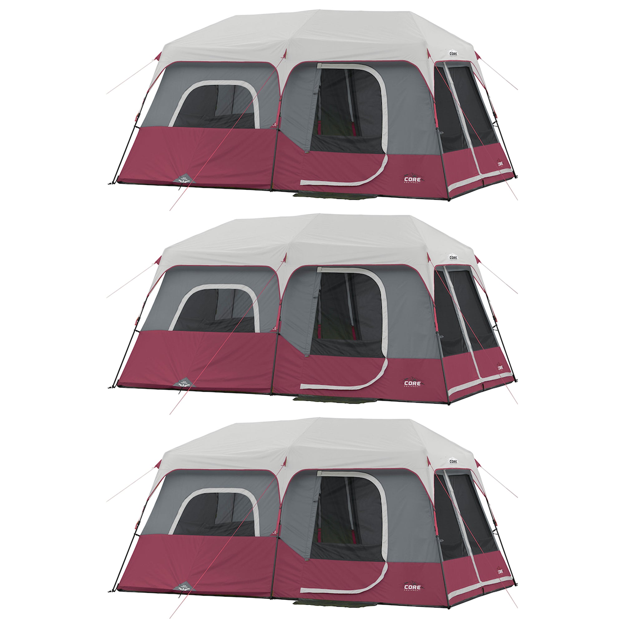 CORE Instant Cabin 14'x9' 9 Person Cabin Tent w/60 Second Assembly, Red (3 Pack)