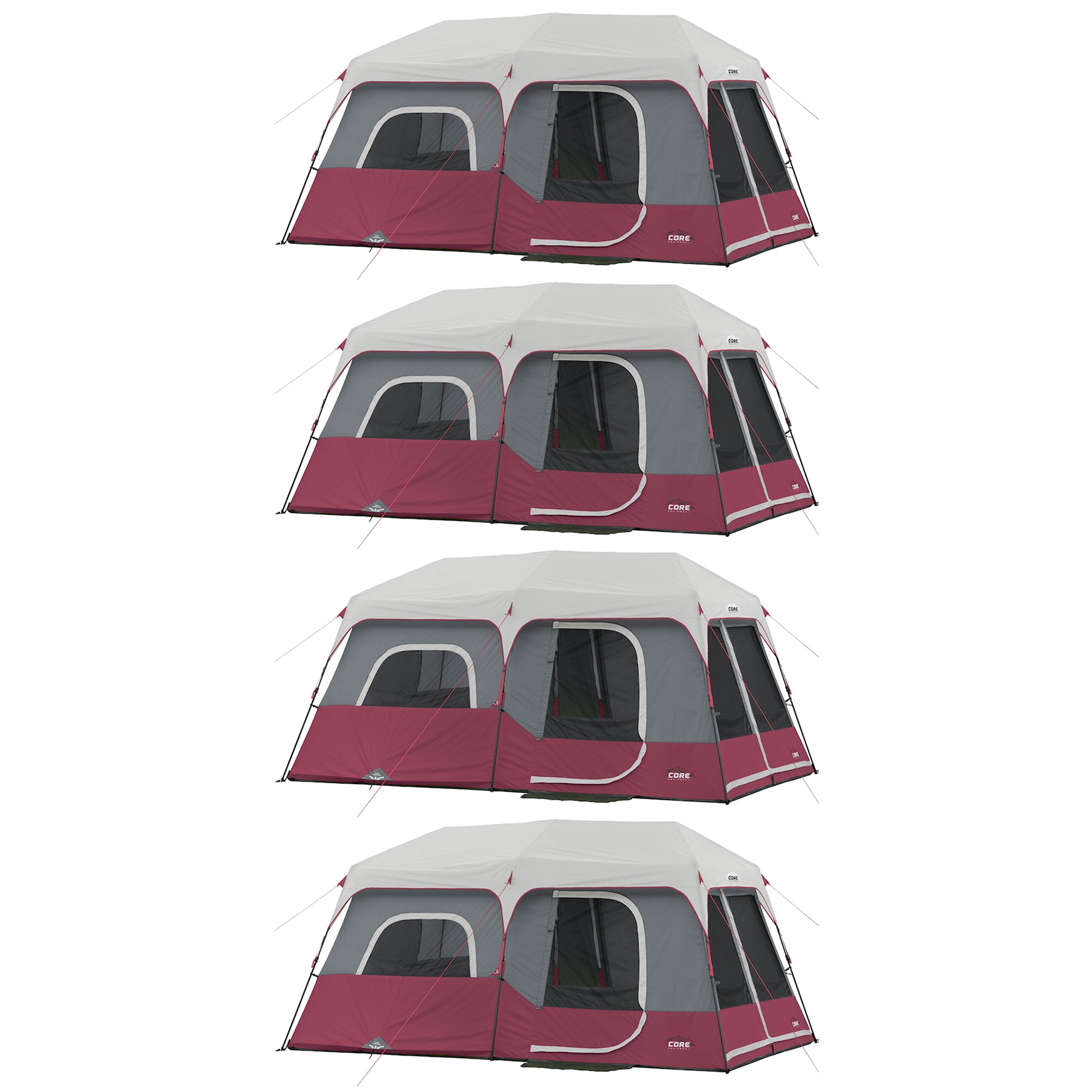 CORE Instant Cabin 14'x9' 9 Person Cabin Tent w/60 Second Assembly, Red (4 Pack)