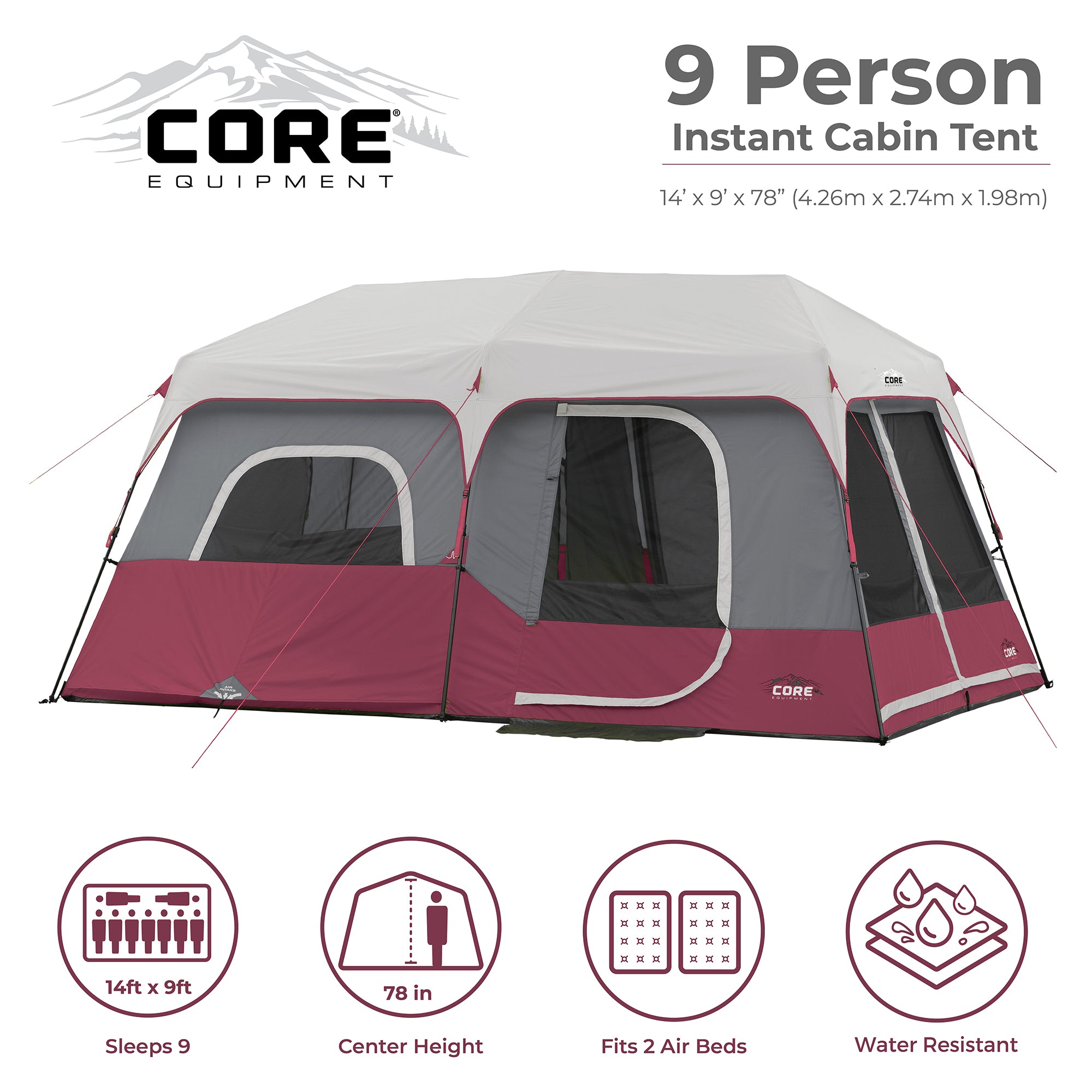 CORE Instant Cabin 14'x9' 9 Person Cabin Tent w/60 Second Assembly, Red (4 Pack)