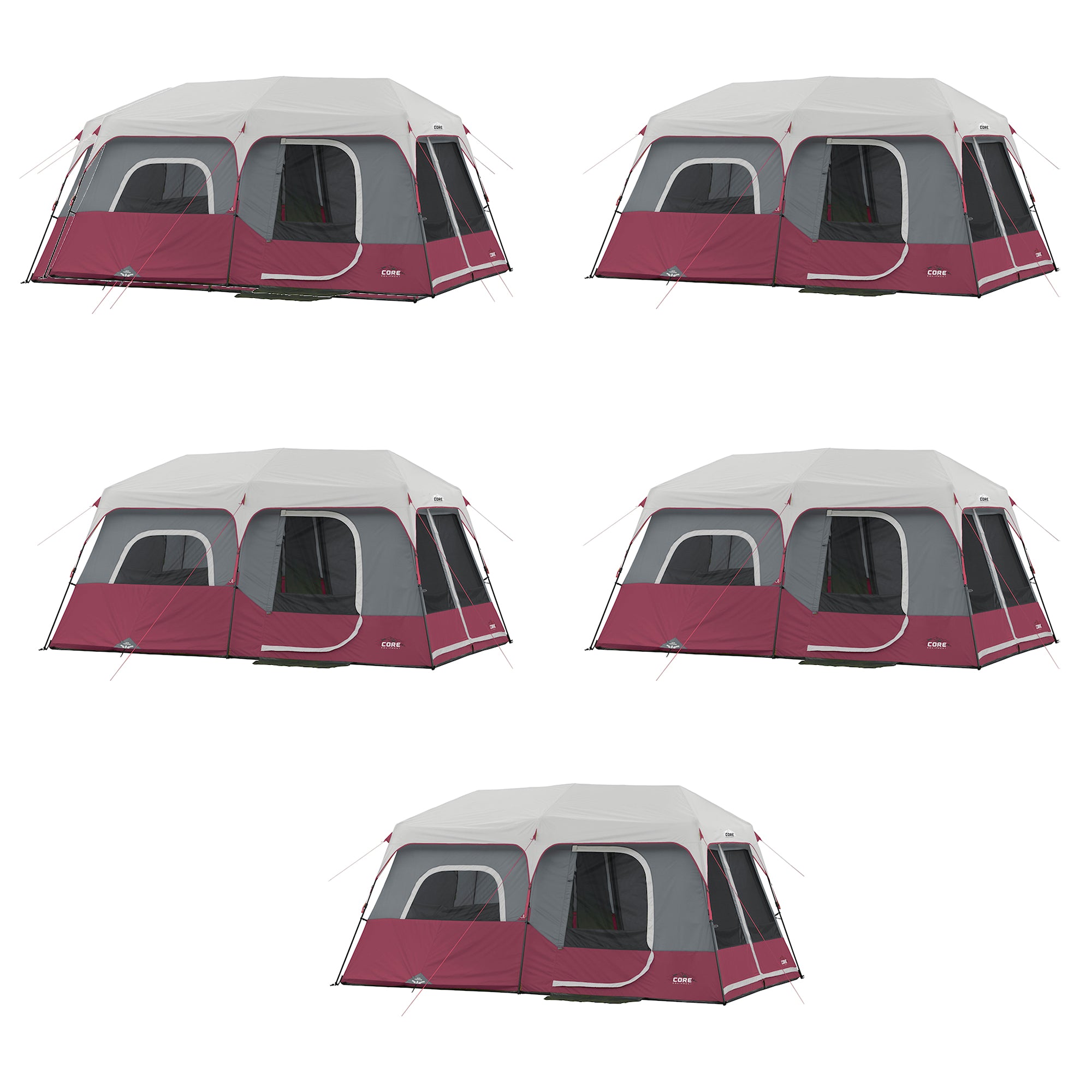 CORE Instant Cabin 14'x9' 9 Person Cabin Tent w/60 Second Assembly, Red (5 Pack)