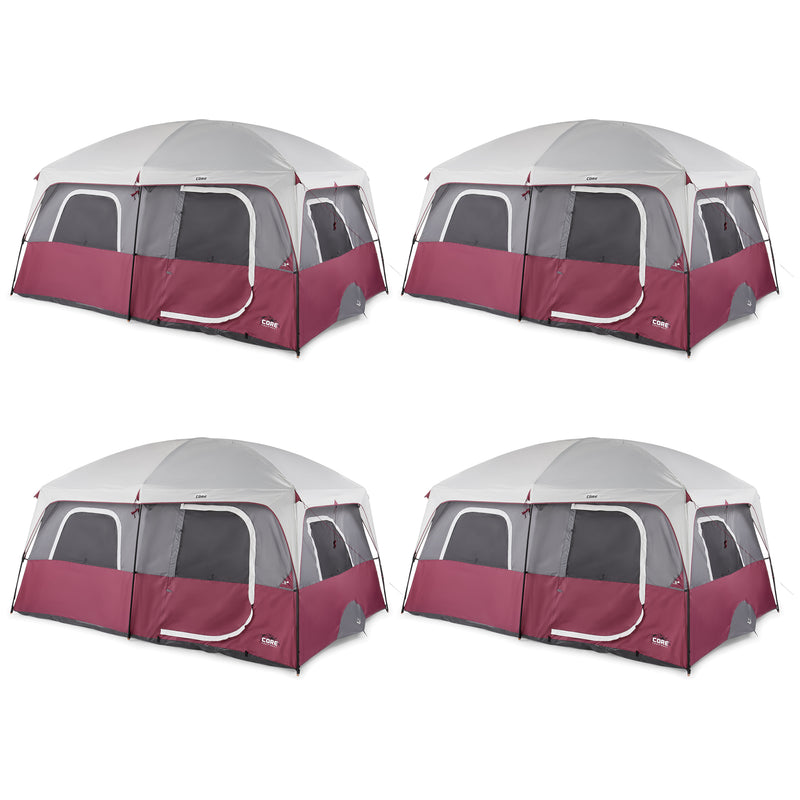 CORE Straight Wall 10 Person Cabin Tent with 2 Rooms & Rainfly, Red (4 Pack)