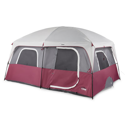 CORE Straight Wall 10 Person Cabin Tent with 2 Rooms & Rainfly, Red (4 Pack)