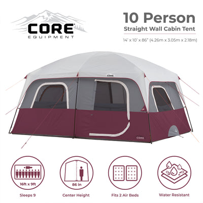 CORE Straight Wall 10 Person Cabin Tent with 2 Rooms & Rainfly, Red (5 Pack)