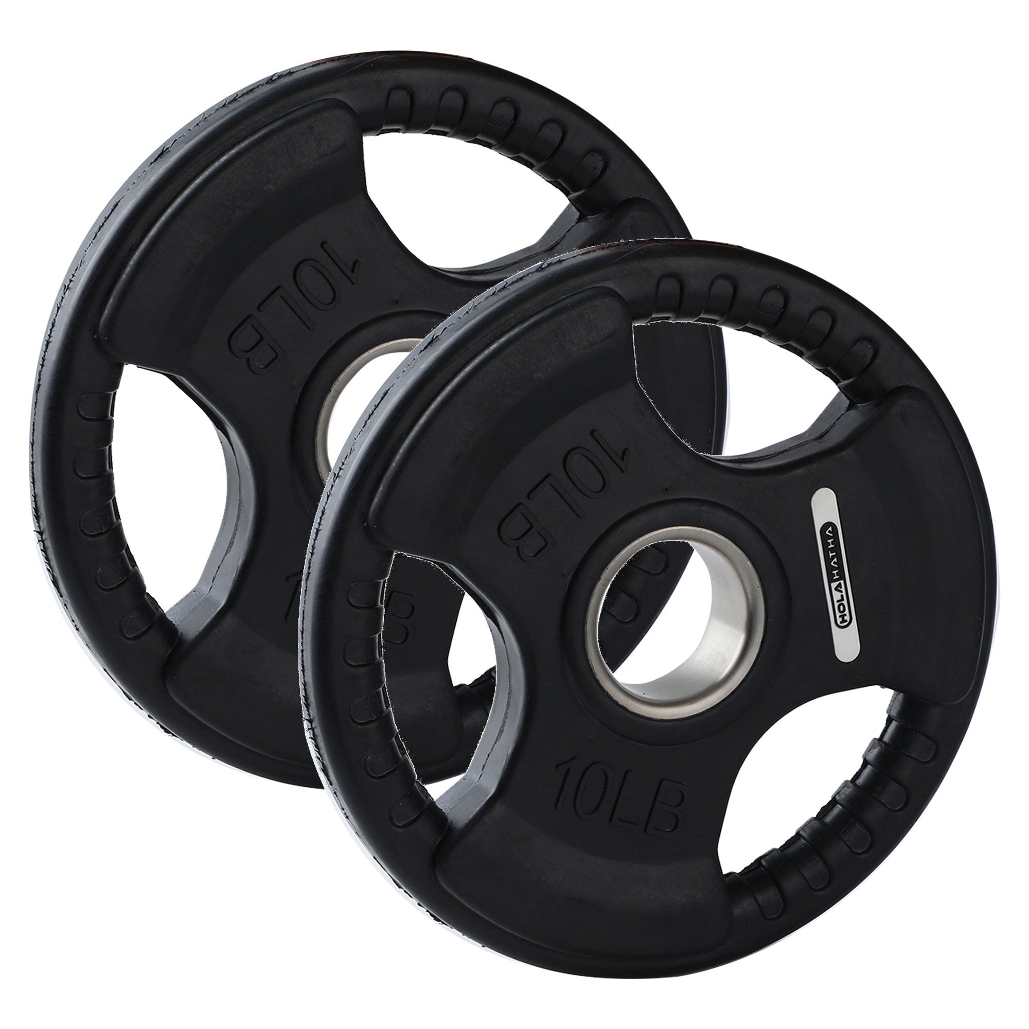 HolaHatha 45 & 10Lb Olympic Rubber Coated Weight Plate w/Handle, Black, Set of 6