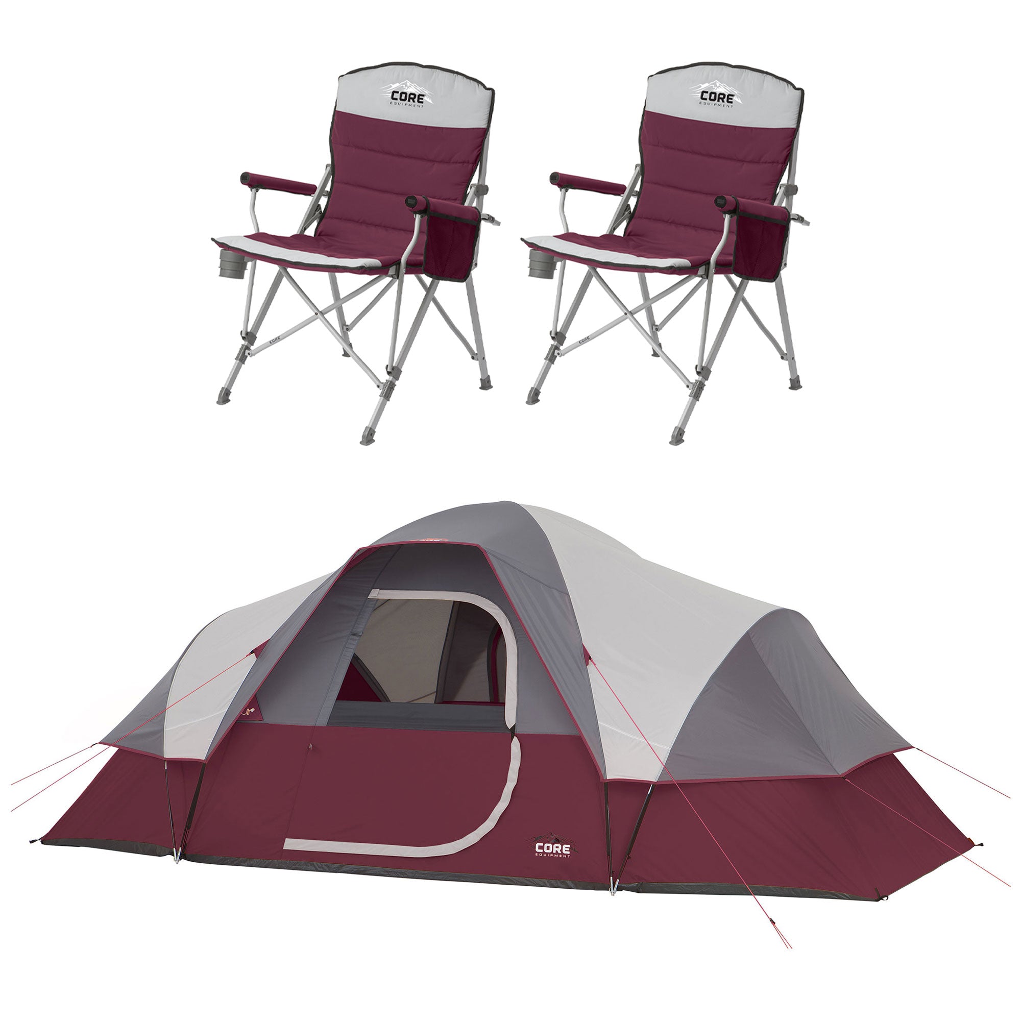 CORE Set of 2 Padded Hard Arm Chair w/9 Person Extended Dome Camping Tent, Wine - VMInnovations