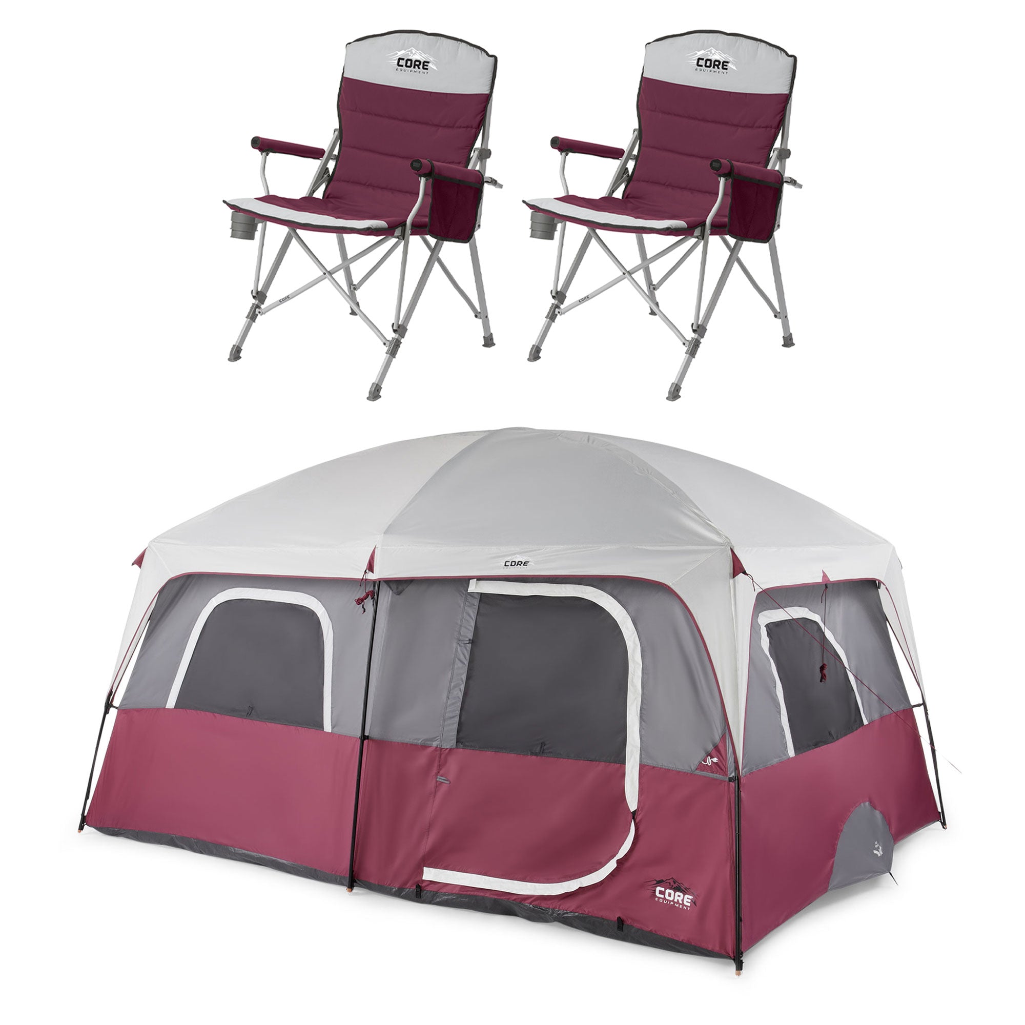 CORE Set of 2 Padded Hard Arm Chair with Straight Wall 10 Person Cabin Tent, Red