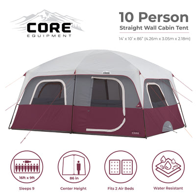 CORE Set of 2 Padded Hard Arm Chair with Straight Wall 10 Person Cabin Tent, Red