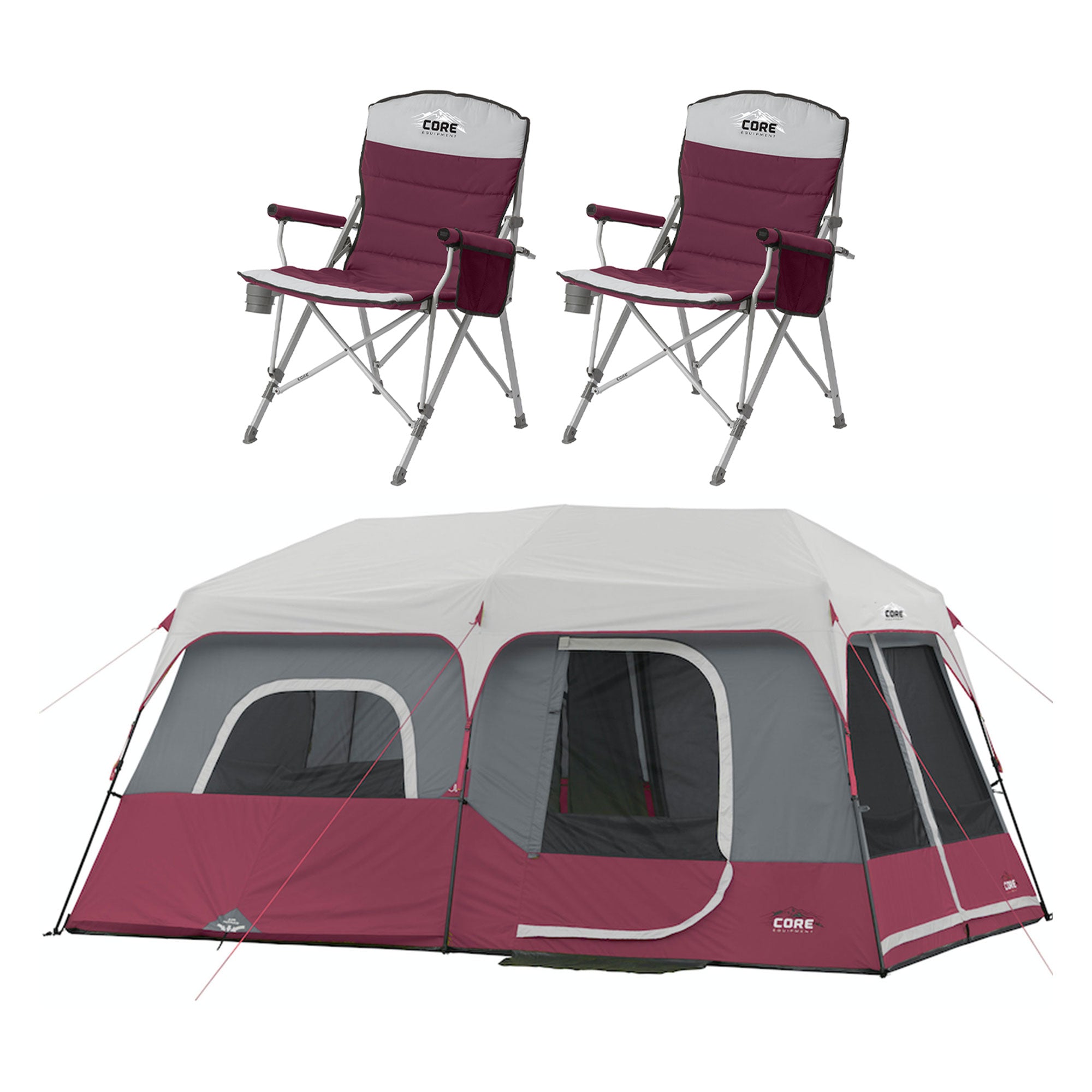 CORE Set of 2 Padded Arm Chair w/Instant 9-Person Cabin Family Tent, Wine Red