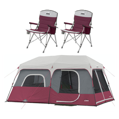 CORE Set of 2 Padded Arm Chair w/Instant 9-Person Cabin Family Tent, Wine Red