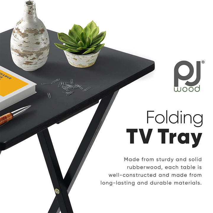 PJ Wood Folding Portable TV Snack Tray Table w/Compact Storage Rack, (Set of 7)