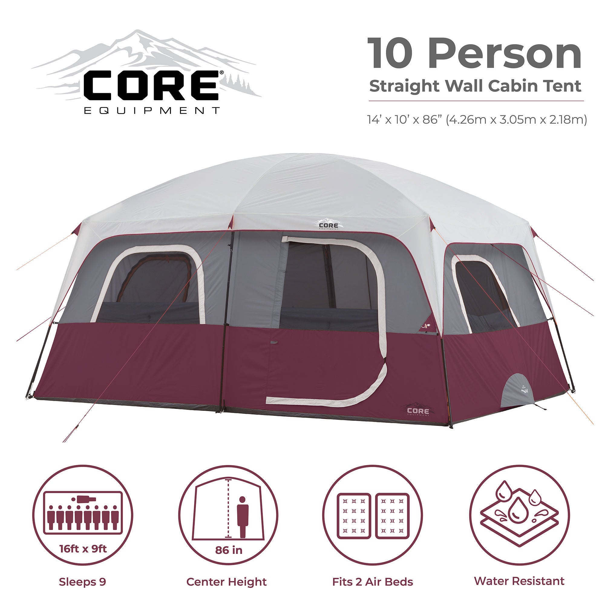 CORE Set of 2 Padded Folding Chair w/Straight Wall 14x10' 10 Person Cabin Tent
