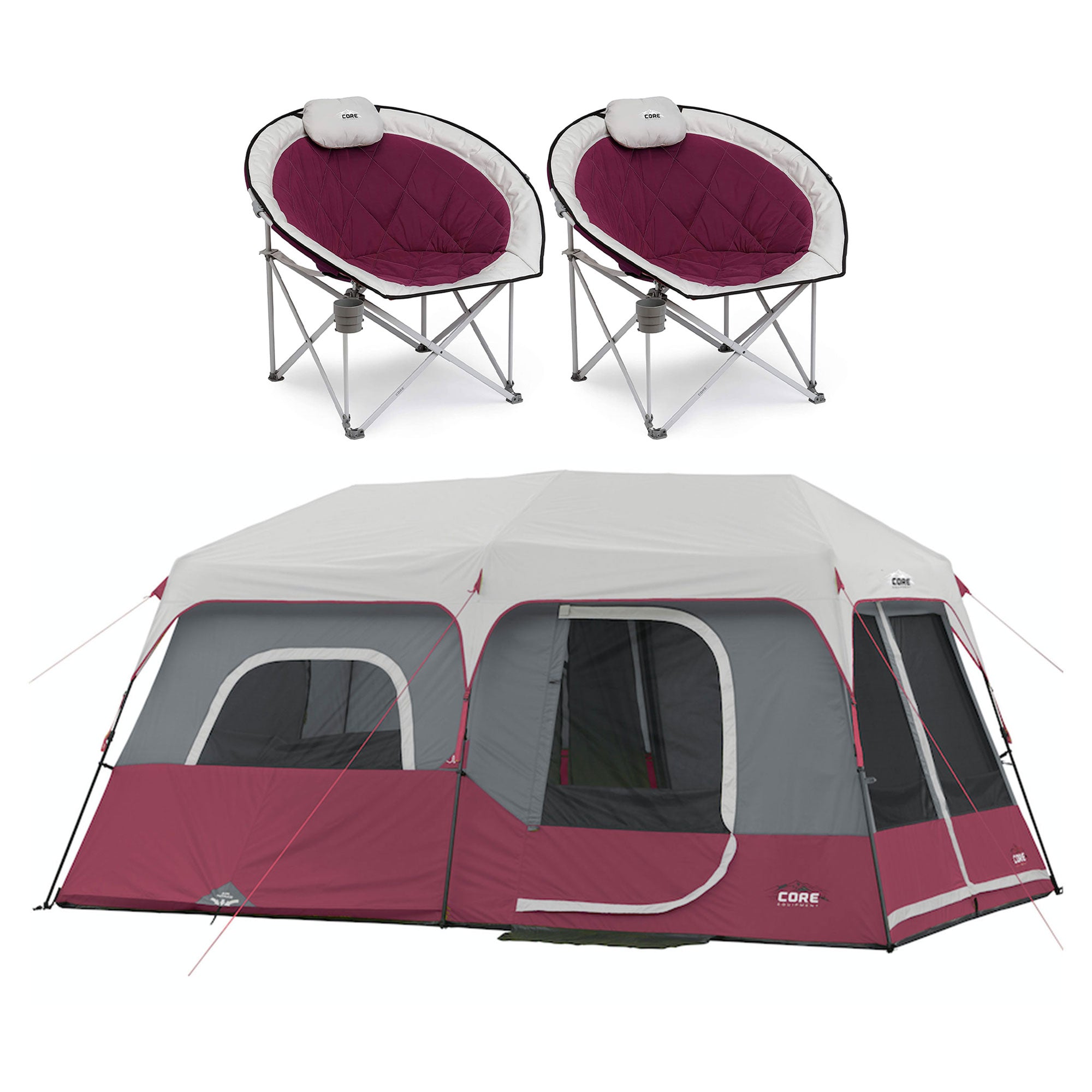 CORE Set of 2 Padded Round Folding Chair with Instant Cabin 14x9' 9 Person Tent