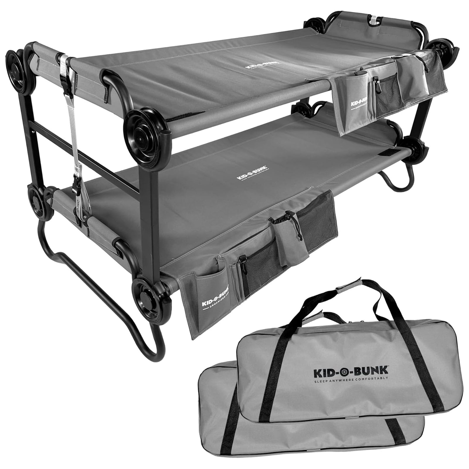 Disc-O-Bed Youth Double Cot Kid-O-Bunk with Storage Organizers & Carry Bag, Gray - VMInnovations