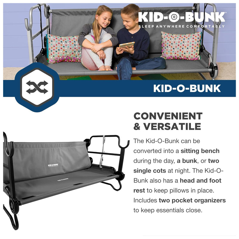 Disc-O-Bed Youth Double Cot Kid-O-Bunk with Storage Organizers & Carry Bag, Gray