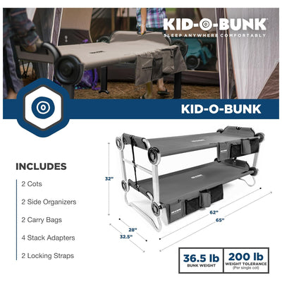 Disc-O-Bed Youth Double Cot Kid-O-Bunk with Storage Organizers & Carry Bag, Gray - VMInnovations