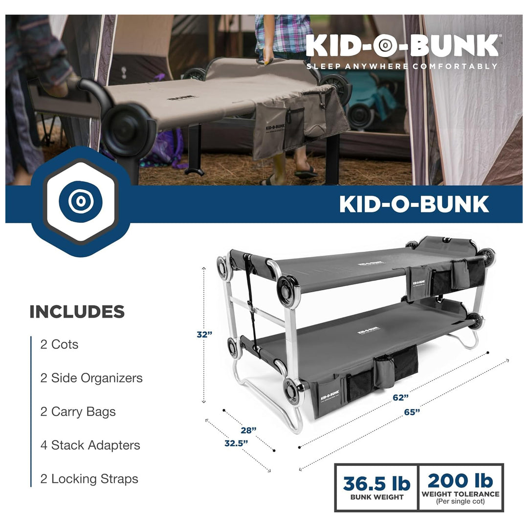 Disc-O-Bed Double Cot Kid-O-Bunk w/Storage Organizers & Carry Bag, Gray (Used) - VMInnovations