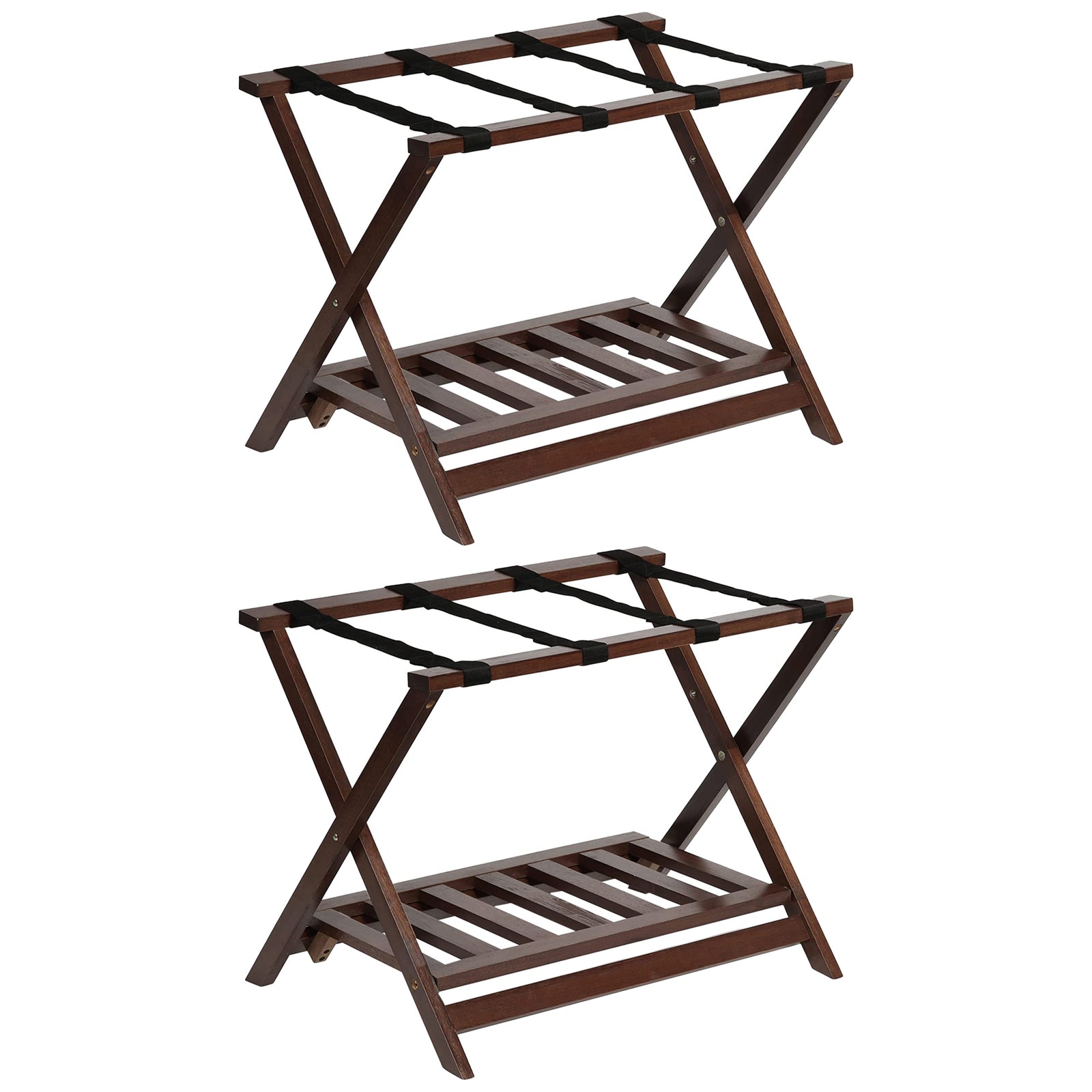 PJ Wood Hotel Style Home Folding Suitcase Luggage Rack w/Shelf, Walnut (2 Pack) - VMInnovations