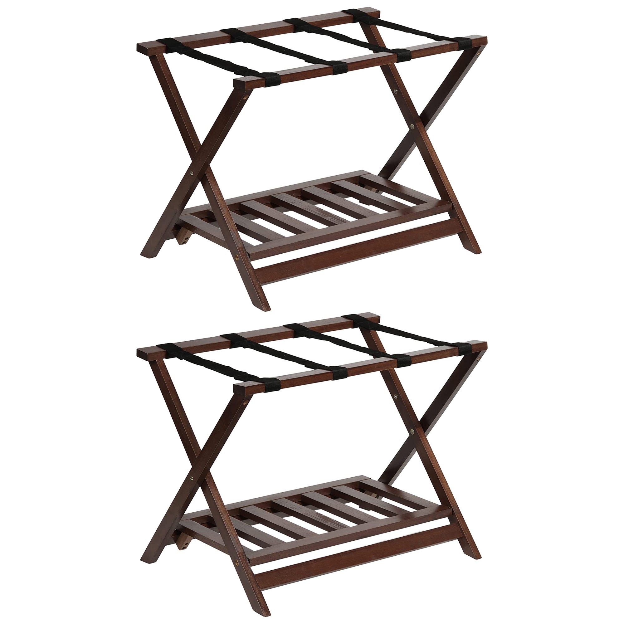 PJ Wood Hotel Style Home Folding Suitcase Luggage Rack w/Shelf, Walnut (2 Pack) - VMInnovations
