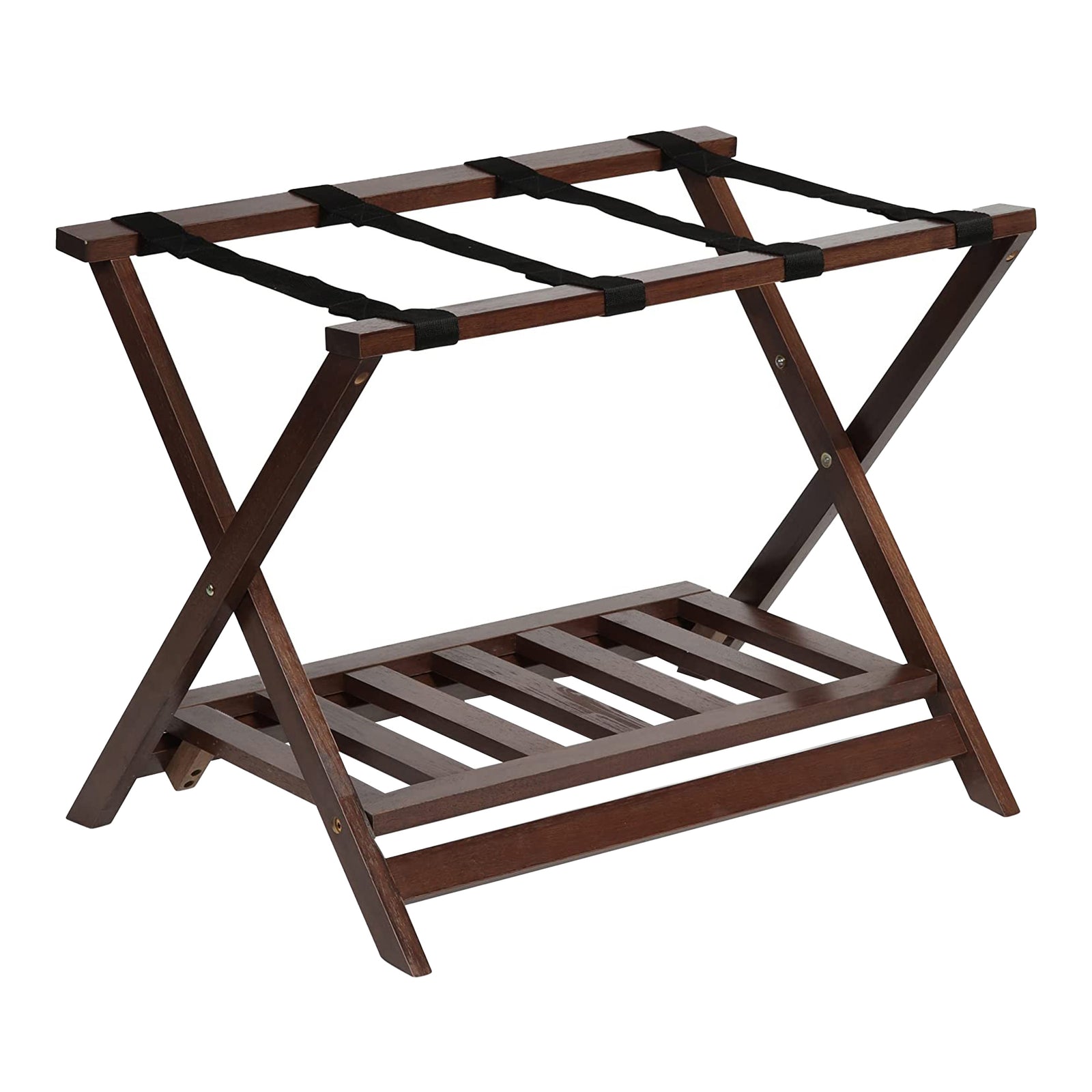 PJ Wood Hotel Style Home Folding Suitcase Luggage Rack w/Shelf, Walnut (2 Pack) - VMInnovations