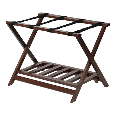 PJ Wood Hotel Style Home Folding Suitcase Luggage Rack w/Shelf, Walnut (2 Pack) - VMInnovations