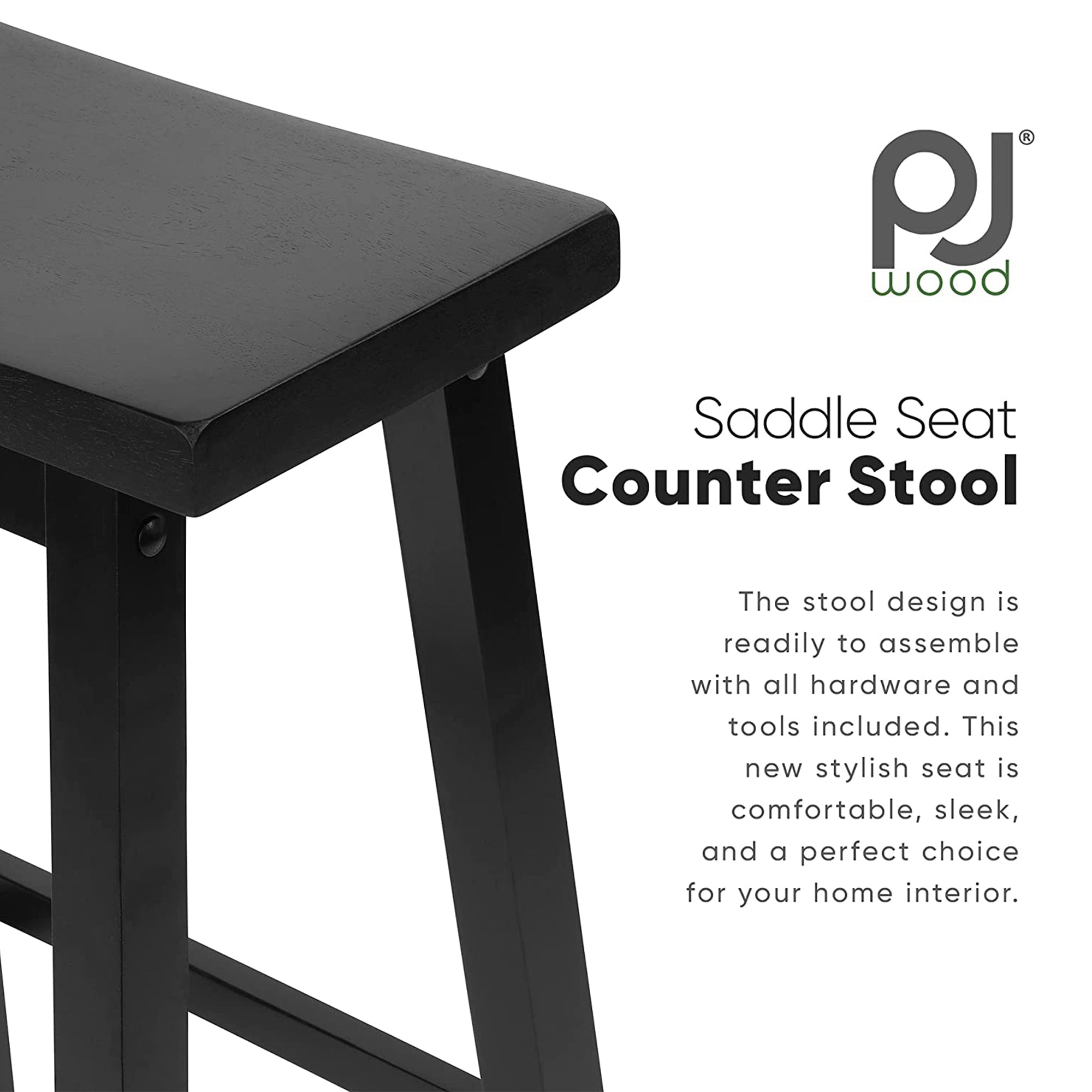 PJ Wood Classic Saddle Seat 24" Tall Kitchen Counter Stools, Black (Set of 6) - VMInnovations