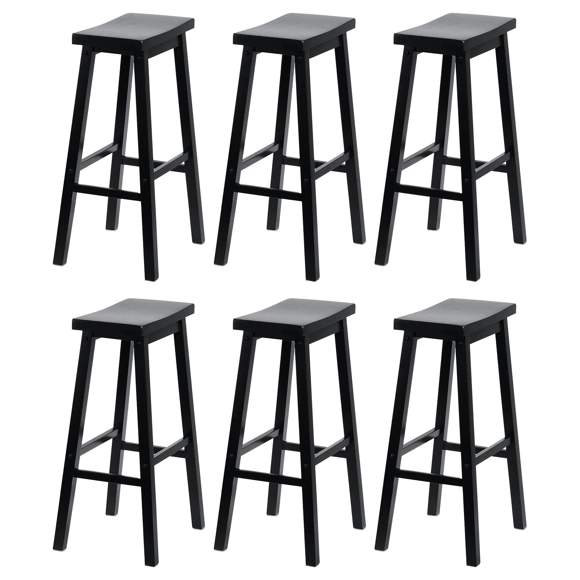 PJ Wood Classic Saddle Seat 29 Inch Tall Kitchen Counter Stools, Black (6 Pack)