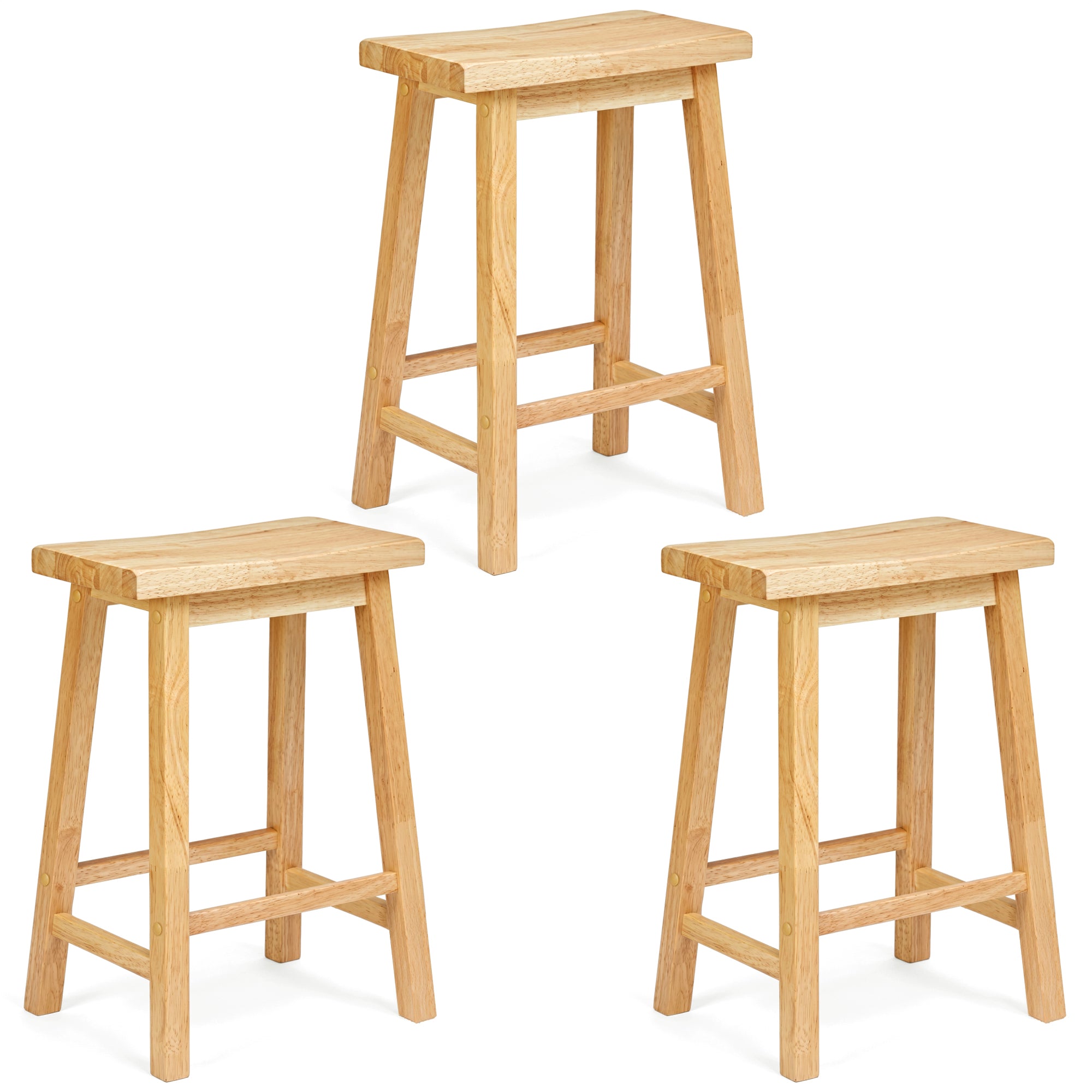 PJ Wood Classic 24 Inch Saddle Seat Kitchen Bar Counter Stool, Natural (3 Pack) - VMInnovations