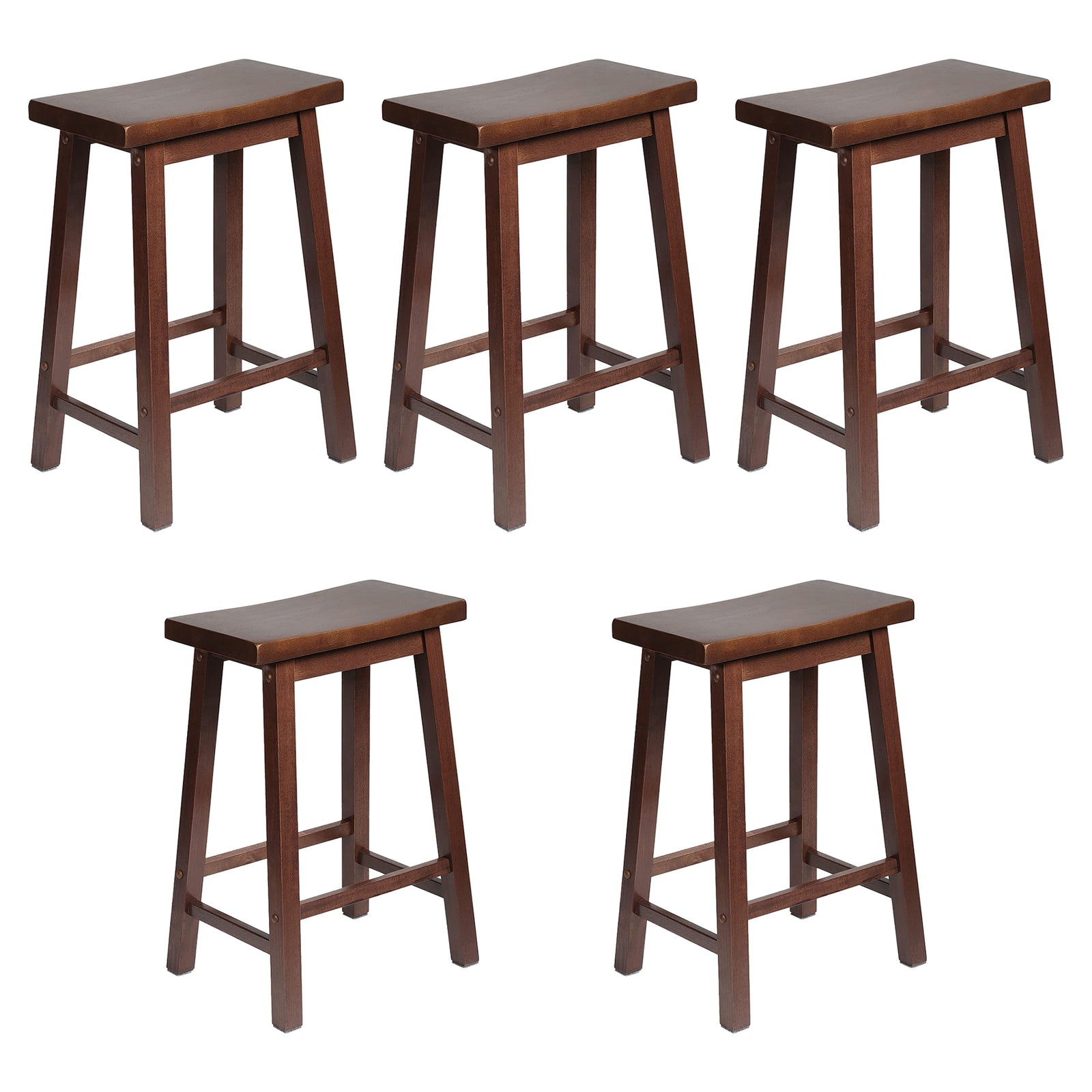 PJ Wood Classic Saddle Seat 24 Inch Kitchen Bar Counter Stool, Walnut (5 Pack) - VMInnovations